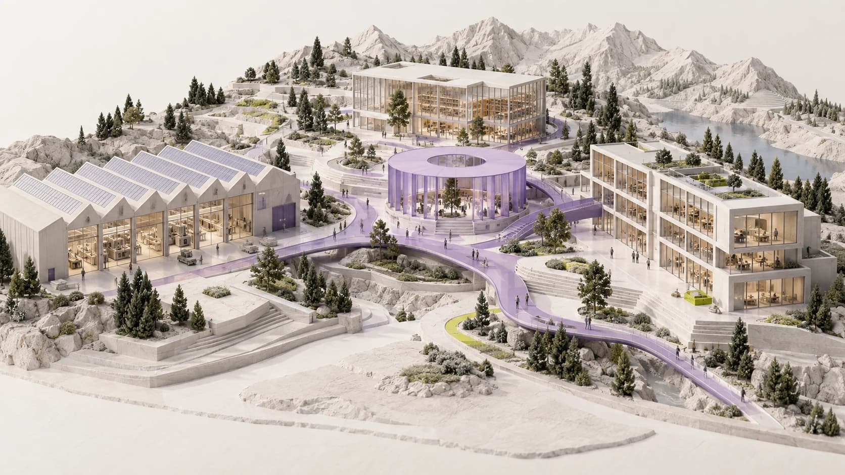 Architekturminiatur mit Werkstätten, einer Bibliothek und Büros, verbunden durch violette Wege in einer Alpenlandschaft.