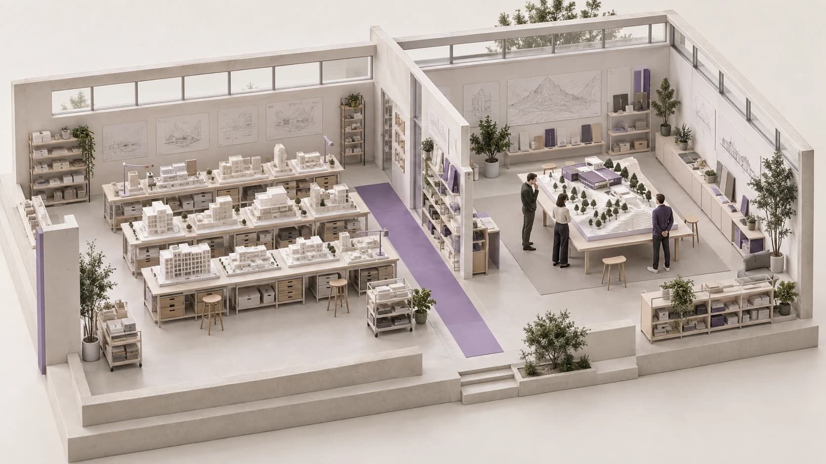 Ein offenes Architekturatelier mit zahlreichen Prototypen und einem Team, das ein einzelnes Projektmodell prüft.