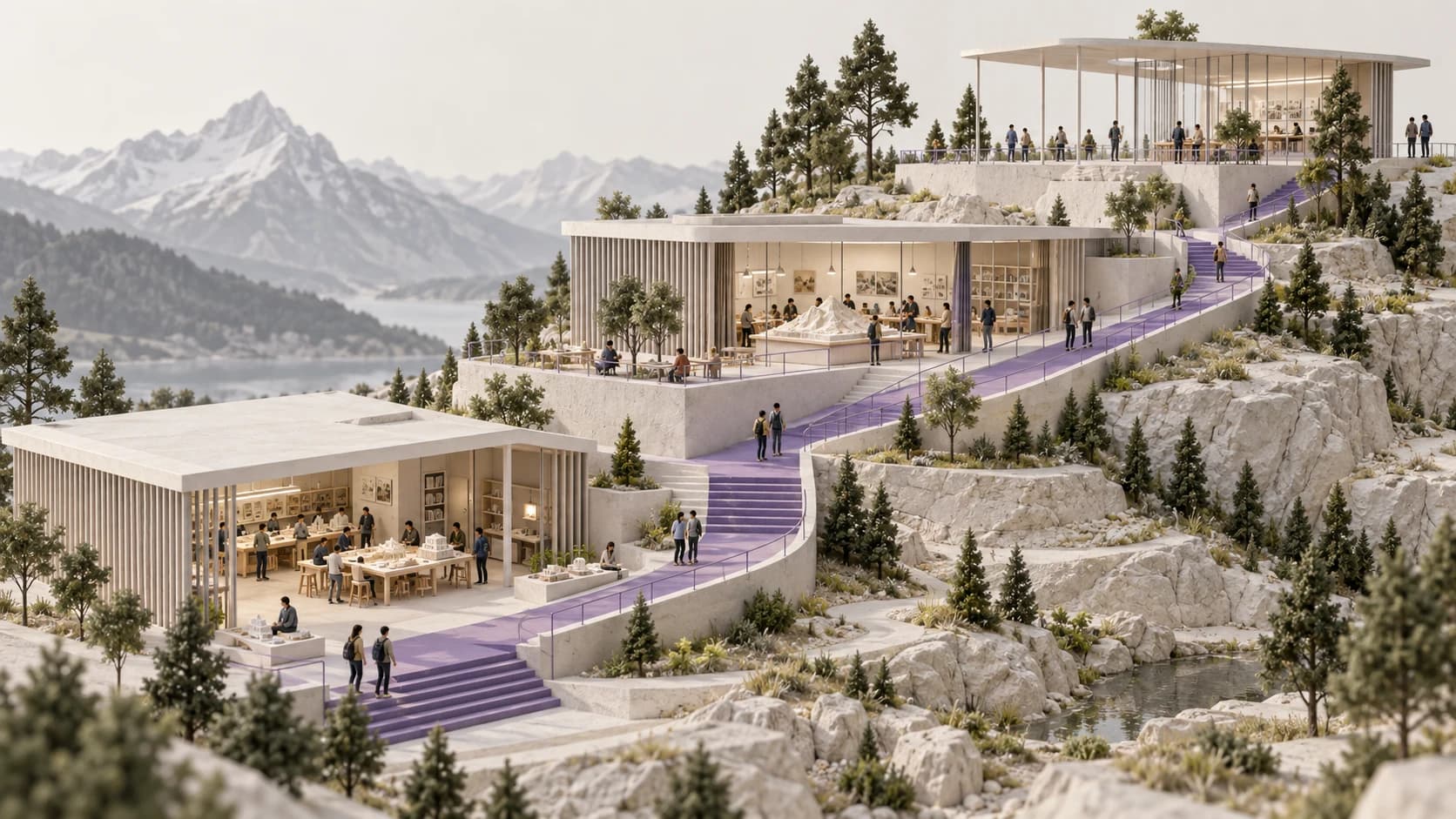 Drei terrassenförmige Lern- und Engineering-Studios, verbunden durch einen violetten Weg am Hang.