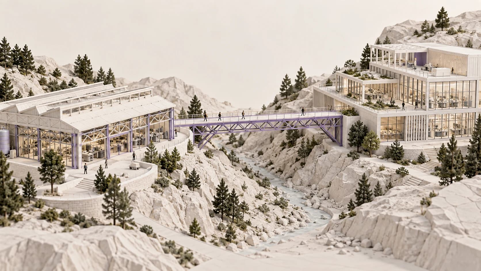 Eine violette Brücke verbindet zwei Miniatur-Engineering-Campus mit unterschiedlicher Architektur.