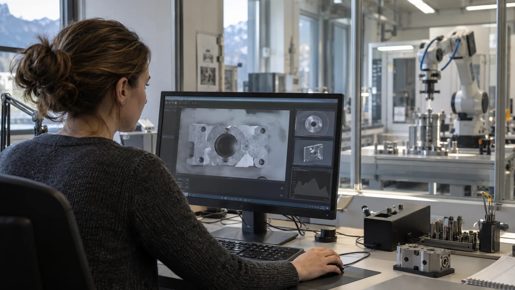 Ein Engineer prüft eine Bauteilkontrolle auf einem Monitor neben einer automatisierten Fertigungsprüfzelle.