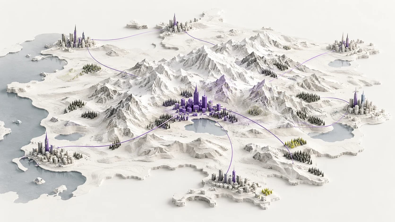 Eine imaginäre Alpenlandschaft mit Miniaturstädten, die durch feine violette Wege verbunden sind.