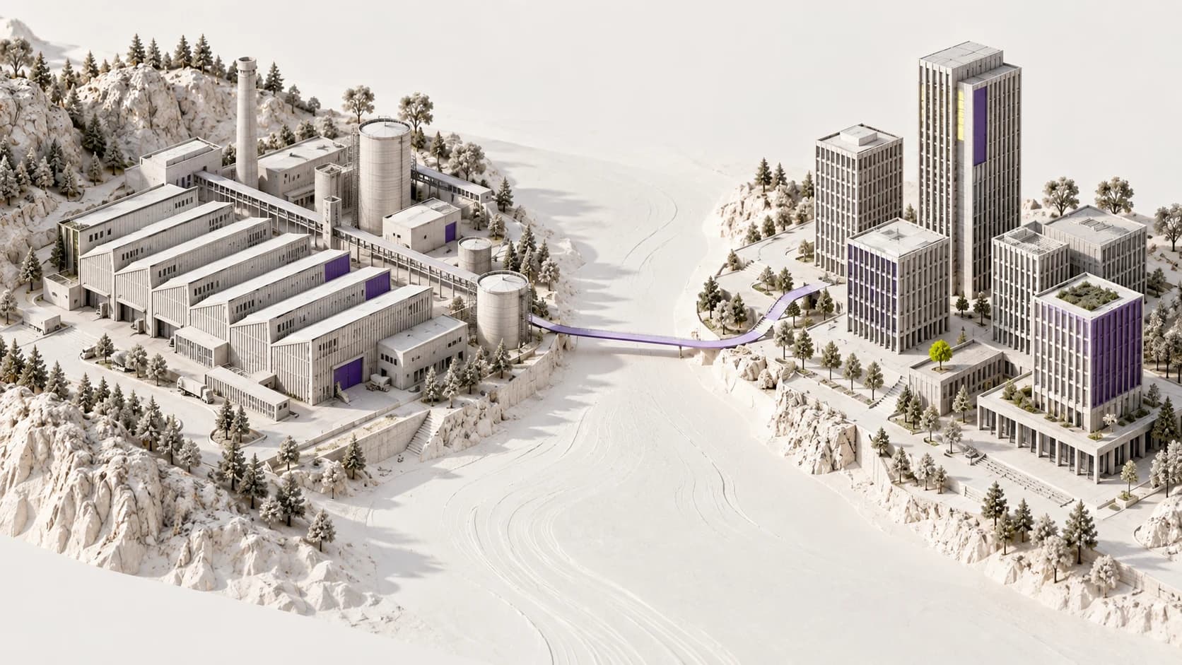 Ein Industriekomplex und Bürotürme stehen in einer geformten weissen Landschaft, verbunden durch einen violetten Weg.
