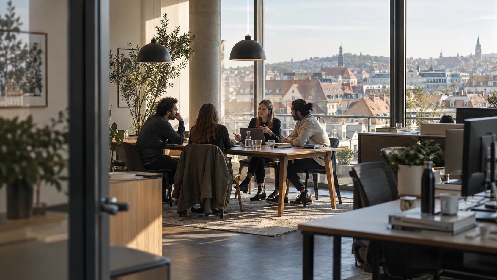 Kollegen besprechen eine Teamerweiterung an einem Besprechungstisch in einem europäischen Büro.