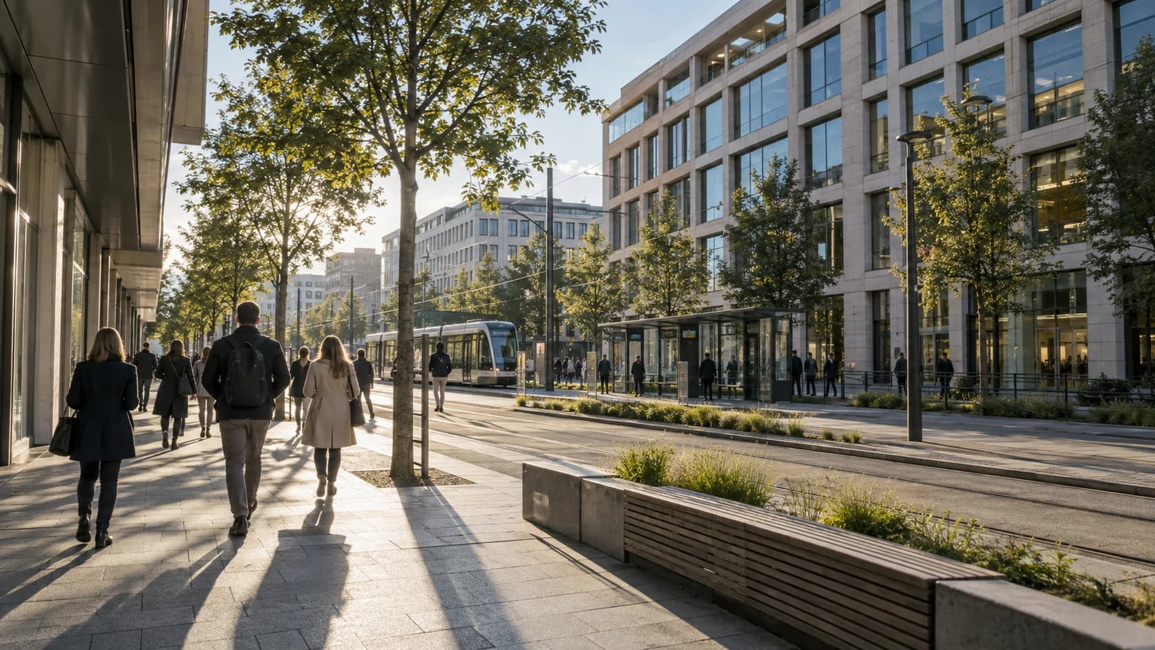 Menschen gehen im Morgenlicht an einer Tramhaltestelle und modernen Bürogebäuden vorbei.