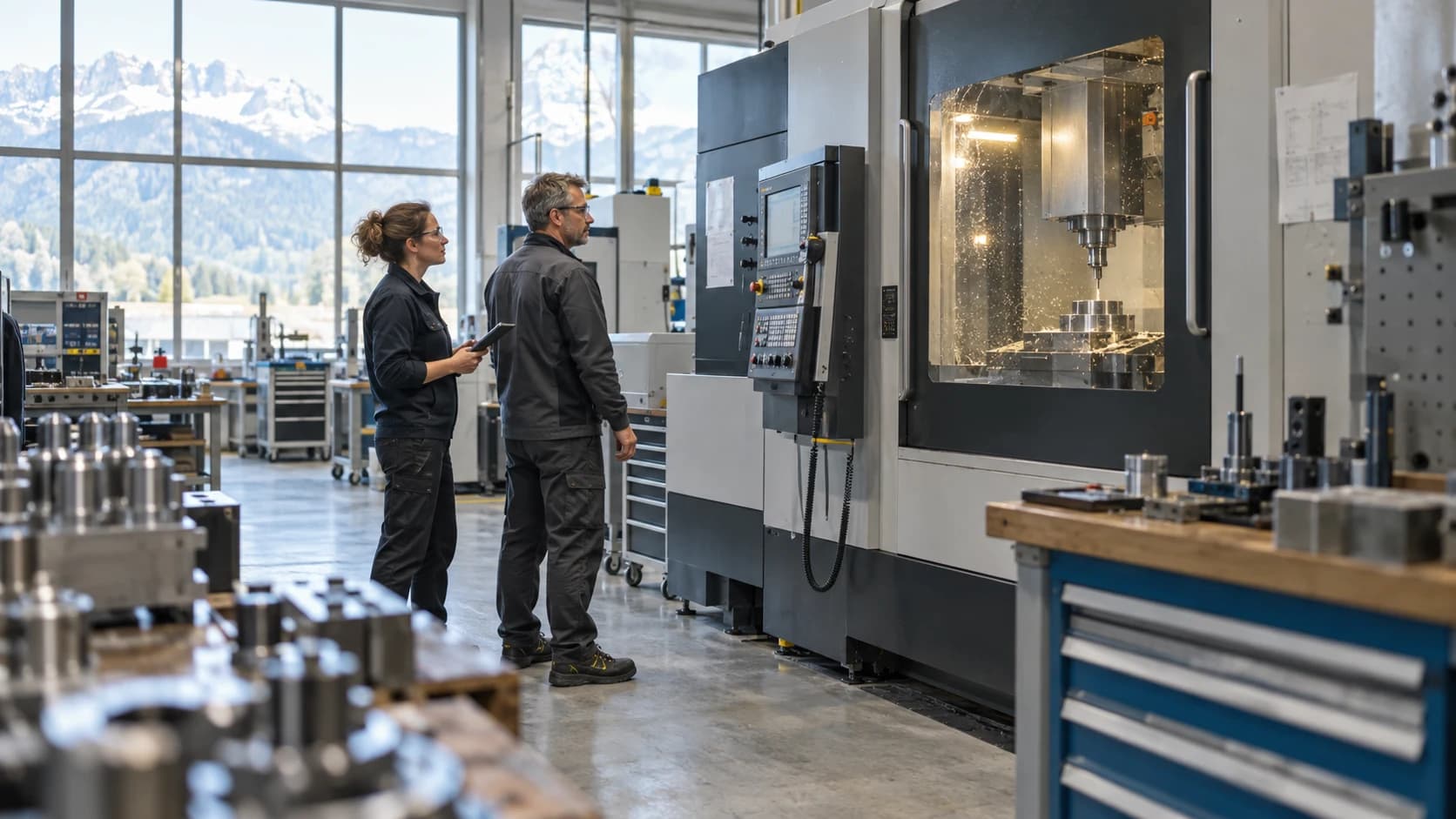 Zwei Engineers prüfen Anlagen in einer Werkstatt für Präzisionstechnik.