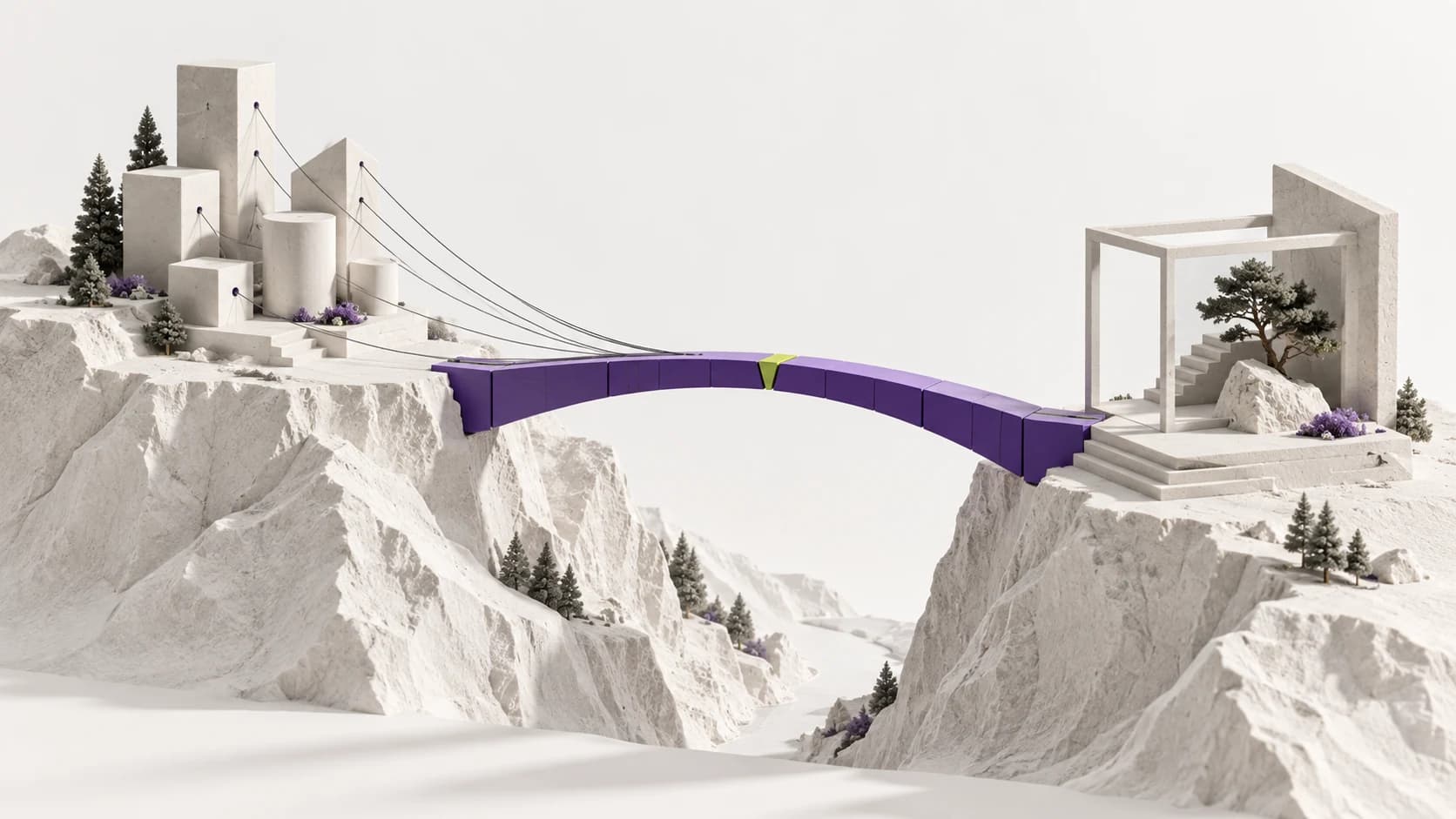 Eine segmentierte violette Brücke verbindet zwei weisse Architekturlandschaften über eine tiefe Lücke hinweg.